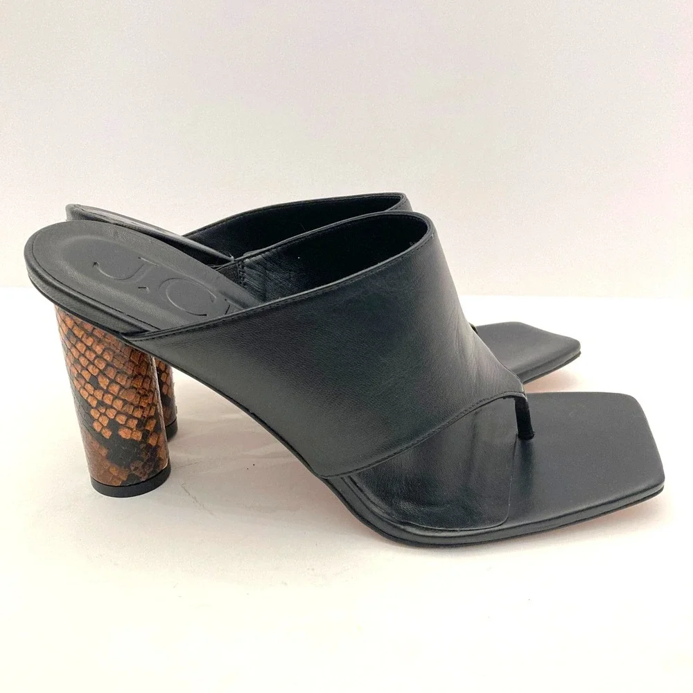 J. Crew Thong Sandals Open Toe High Heel Womens 9 Black Leather Snake‎ Print